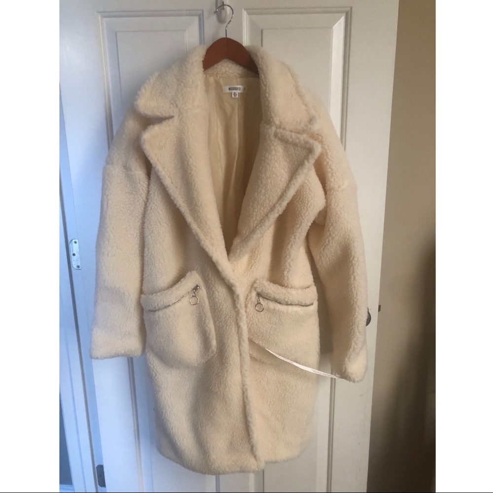 Missguided Cream Borg Teddy Zip Pocket Coat